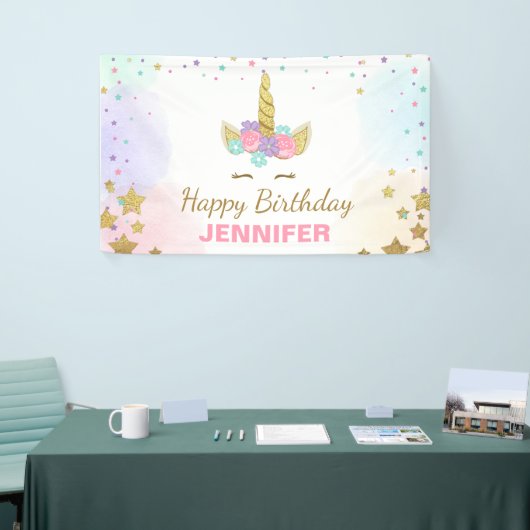 ユニコーンの誕生日の旗の魔法のピンクおよび金ゴールドの女の子 横断幕 (トレードショー)