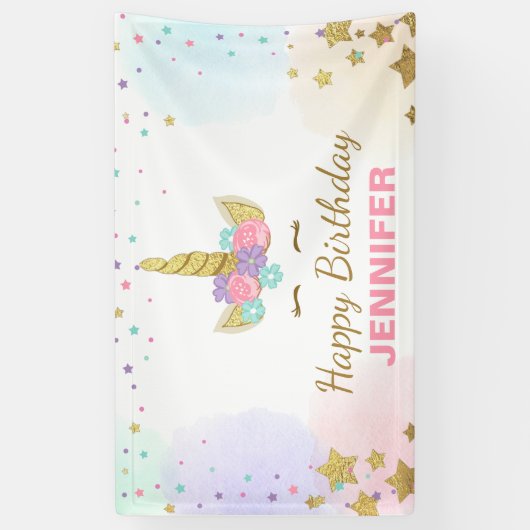 ユニコーンの誕生日の旗の魔法のピンクおよび金ゴールドの女の子 横断幕 (縦)