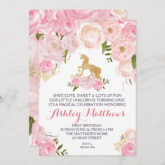 ユニコーンの誕生日の最初花の招待状、 招待状 (正面/裏面)