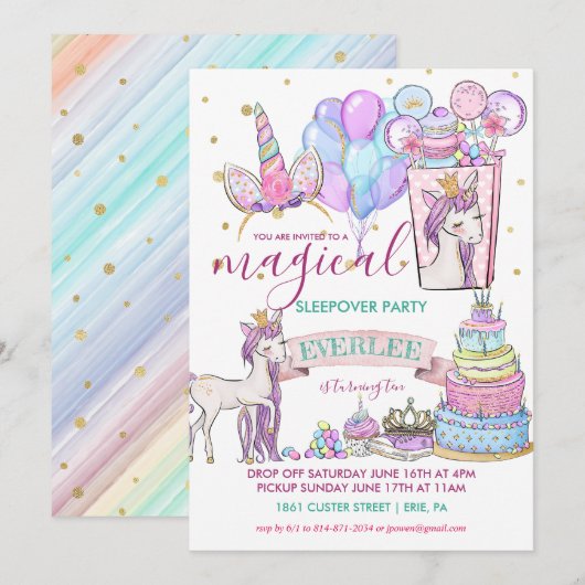 ユニコーンの誕生日パジャマパーティー 招待状 (正面/裏面)