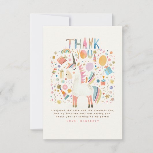 ユニコーンの誕生日パーティーに来てくれてありがとう サンキューカード (正面)