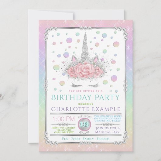 ユニコーンの誕生日パーティーの招待状 女子 招待状 (正面)