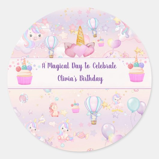 ユニコーンの誕生日パーティーステッカー(名入れ可) ラウンドシール (正面)