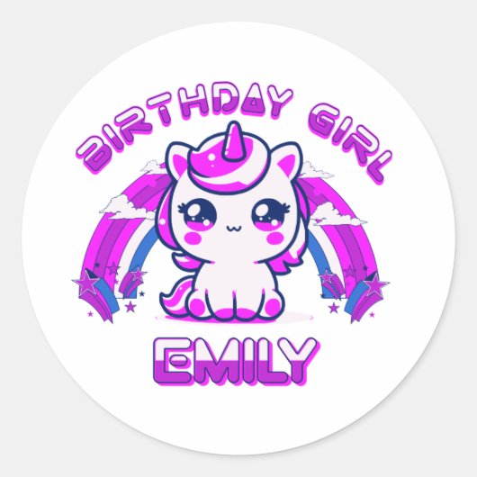 ユニコーンの誕生日パーティーステッカー - 女の子のカスタムデザイン ラウンドシール (正面)