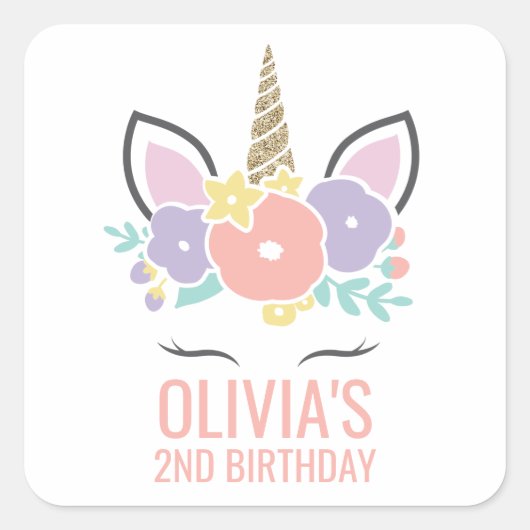ユニコーンの誕生日パーティーステッカー 淡い色の花柄 スクエアシール (正面)