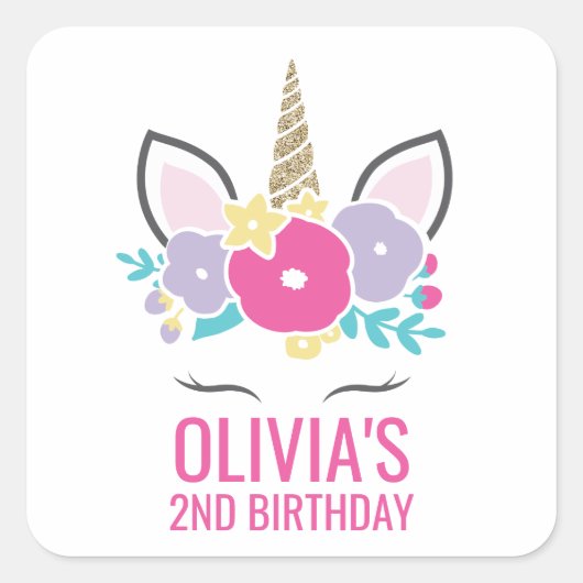 ユニコーンの誕生日パーティーステッカー 虹 フローラル スクエアシール (正面)