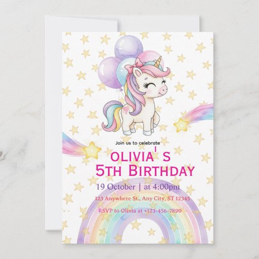 ユニコーンの誕生日パーティー招待状 | パステルレインボーパーティー 招待状 (正面)