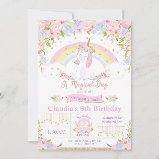 ユニコーンの誕生日パーティー招待状 フラワーレインボー 招待状 (正面)