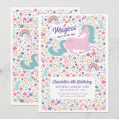 ユニコーンの誕生日パーティー フラワーピンクの女の子 招待状 (正面/裏面)