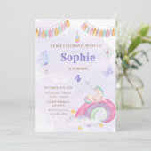 ユニコーンの誕生日パーティー、子供のための虹と雲 招待状 (スタンド正面)