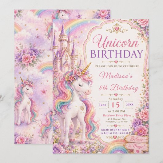 ユニコーンの誕生日パーティー 招待状 (正面/裏面)