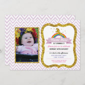 ユニコーンの誕生日写真パーティー招待状 ゴールドグリッター 招待状 (正面/裏面)