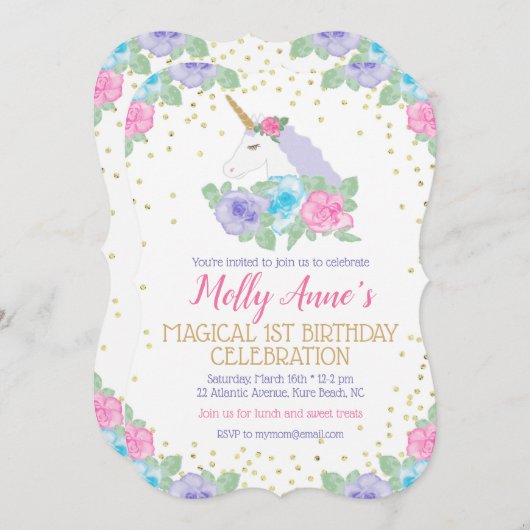 ユニコーンの誕生日招待状(ピンクと金ゴールド) 招待状 (正面/裏面)