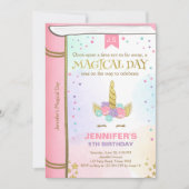 ユニコーンの誕生日招待状 ピンク ゴールド マジカルブック 招待状 (正面)