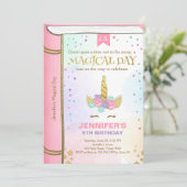 ユニコーンの誕生日招待状 ピンク ゴールド マジカルブック 招待状 (スタンド正面)