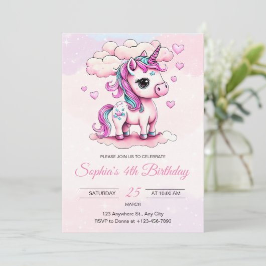ユニコーンの誕生日招待状、虹のユニコーンの女の子たち 招待状 (スタンド正面)