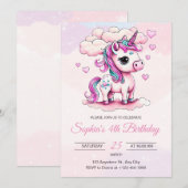 ユニコーンの誕生日招待状、虹のユニコーンの女の子 招待状 (正面/裏面)