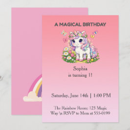 ユニコーンの誕生日招待状 魔法のパステルゴールド Ph 招待状