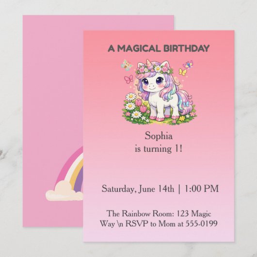 ユニコーンの誕生日招待状 魔法のパステルゴールド Ph 招待状 (正面/裏面)