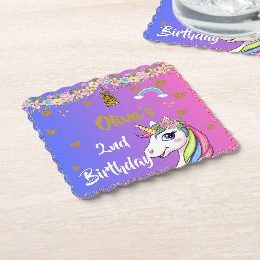 ユニコーンの誕生日 | 虹色のユニコーン パーティー ペーパーコースター (アングル)