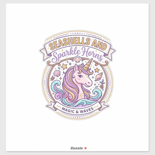 ユニコーンの貝殻と輝く角のZazzleデザイン シール (シート)