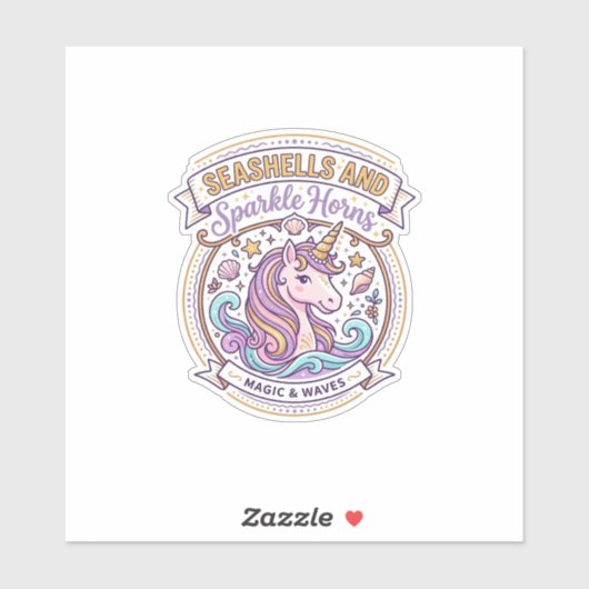 ユニコーンの貝殻と輝く角のZazzleデザイン シール (シート)