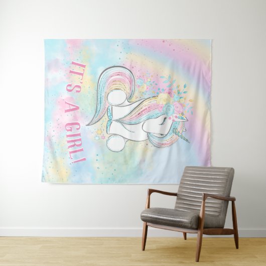 ユニコーンの赤ちゃんの女の子のシャワーの背景のバナー タペストリー (インサイチュ(横))