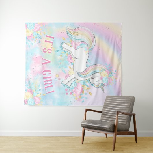 ユニコーンの赤ちゃんの女の子のシャワーバナー タペストリー (インサイチュ(横))