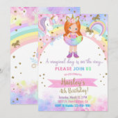 ユニコーンの赤髪の少女の魔法の誕生日招待状。 招待状 (正面/裏面)