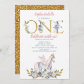 ユニコーンの金ゴールドのグリッターの最初誕生日 招待状 (正面/裏面)