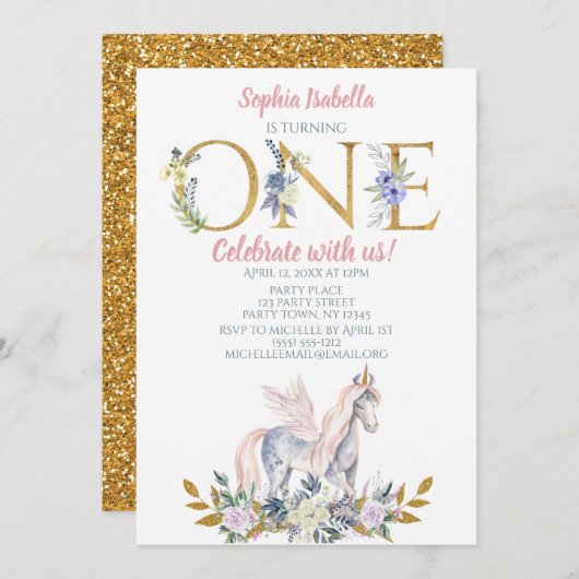 ユニコーンの金ゴールドのグリッターの最初誕生日 招待状 (正面/裏面)