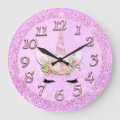 ユニコーンの金ゴールドの鞭数ガーリーなグリッターの火花のピンク ラージ壁時計 (正面)