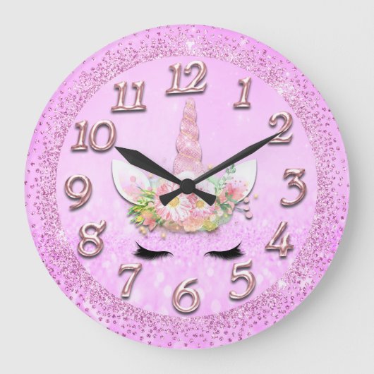 ユニコーンの金ゴールドの鞭数ガーリーなグリッターの火花のピンク ラージ壁時計 (正面)