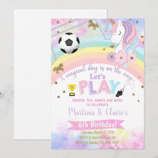 ユニコーンの頭とサッカー少女の誕生日招待状 招待状 (正面/裏面)
