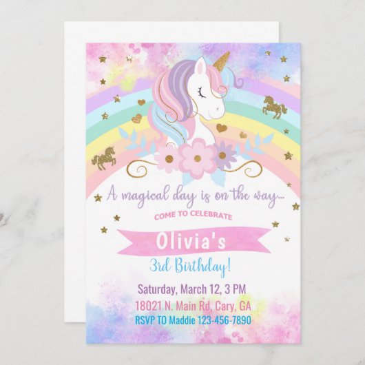 ユニコーンの頭と花の女の子の誕生日の招待。 招待状 (正面/裏面)