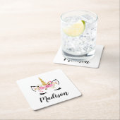 ユニコーンの顔とまつげのカスタムネーム スクエアペーパーコースター (インサイチュ)