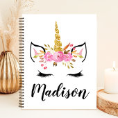 ユニコーンの顔とまつげのカスタムネーム ノートブック