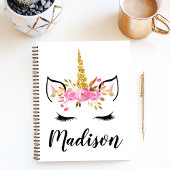 ユニコーンの顔とまつげのカスタムネーム ノートブック