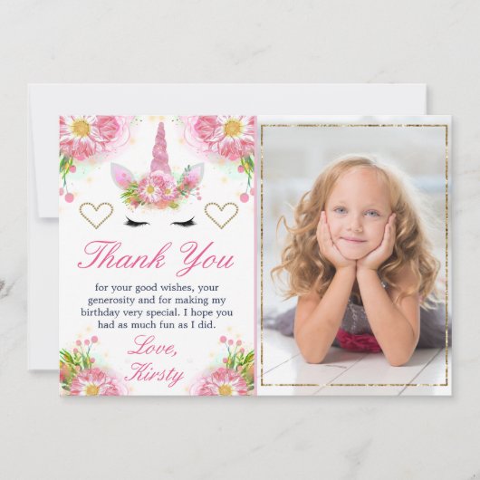 ユニコーンの顔と水彩花の写真の誕生日 サンキューカード (正面)