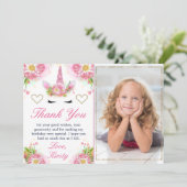 ユニコーンの顔と水彩花の写真の誕生日 サンキューカード (スタンド正面)