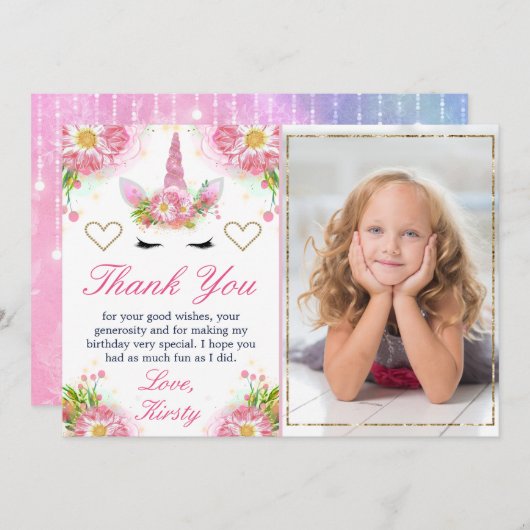 ユニコーンの顔と水彩花の写真の誕生日 サンキューカード (正面/裏面)