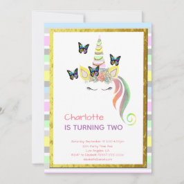 ユニコーンの顔のパステルのストライプの第2誕生日 招待状