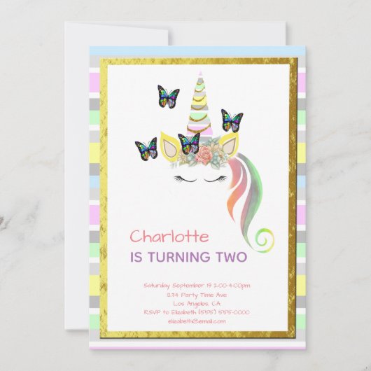 ユニコーンの顔のパステルのストライプの第2誕生日 招待状 (正面)