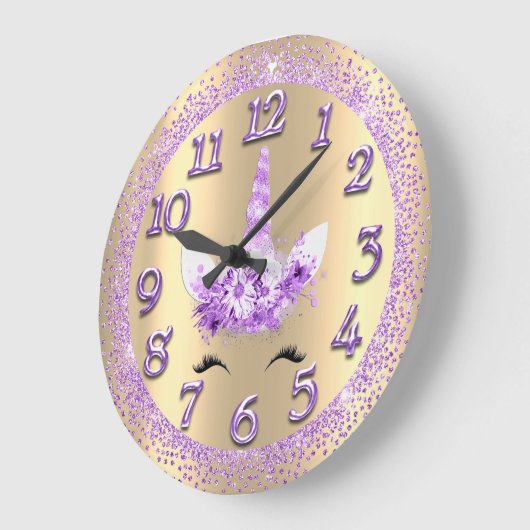 ユニコーンの顔数ガーリーなグリッターの火花の紫色 ラージ壁時計 (傾斜)