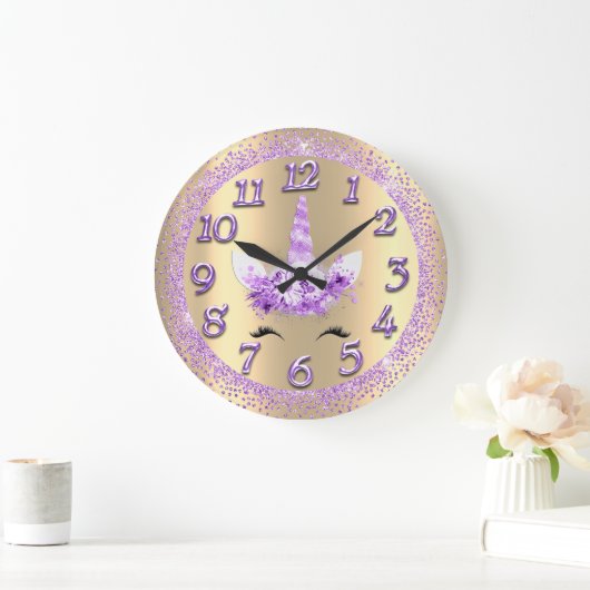 ユニコーンの顔数ガーリーなグリッターの火花の紫色 ラージ壁時計 (ホーム)