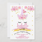 ユニコーンの顔 ピンクの水彩花の誕生日 招待状 (正面)