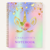 ユニコーンの顔 ピンクゴールドの星 ホログラフィック ノートブック (正面)