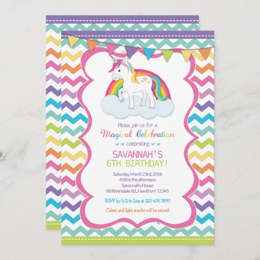 ユニコーンの魔法のお祝いの誕生会の招待 招待状 (正面/裏面)