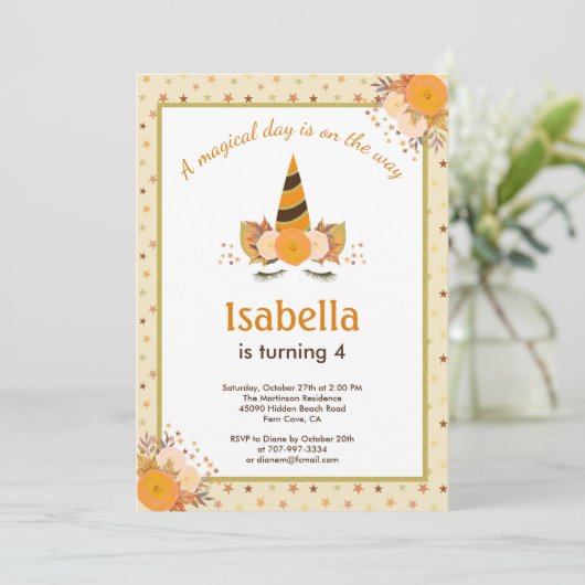 ユニコーンの魔法のスター秋ハロウィーン誕生パーティー 招待状 (スタンド正面)