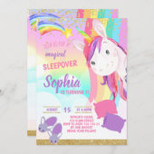 ユニコーンの魔法のスリープオーバー パーティー ガール 誕生日 招待状 (正面/裏面)